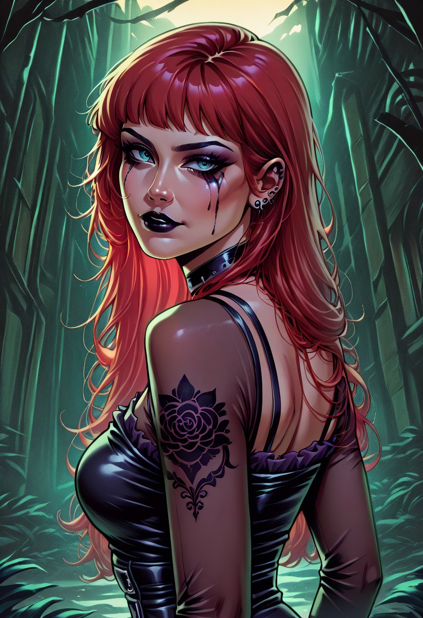 GodslpacomicstyleV1.0IL masterpiece, best quality, 1girl, goth girl, gothic, makeup, runny makeup, red hair