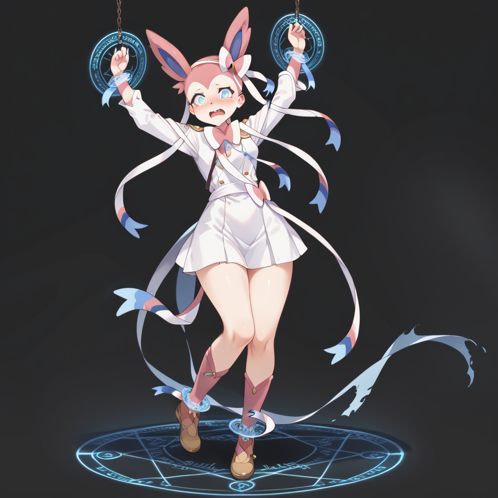 score_9, score_8_up, score_7_up, best quality, masterpiece, source_anime,  BREAK, scared, blush, arm up.  1girl, <lora:restrained_magic_circle:1>magic circle, restrained, full body, Sylveon_\(Pokemon\),