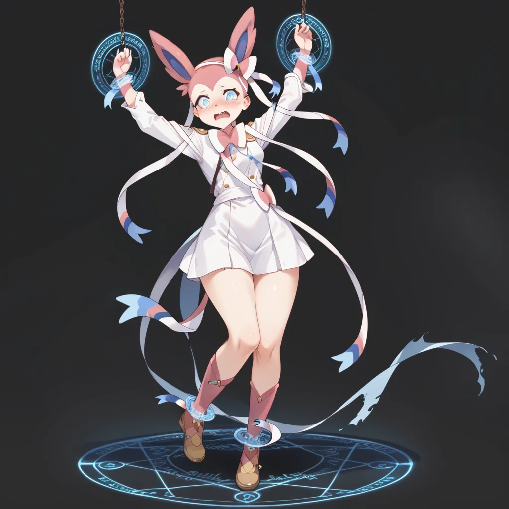 score_9, score_8_up, score_7_up, best quality, masterpiece, source_anime, BREAK, scared, blush, arm up. 1girl, <lora:restrained_magic_circle:1>magic circle, restrained, full body, Sylveon_\(Pokemon\),
