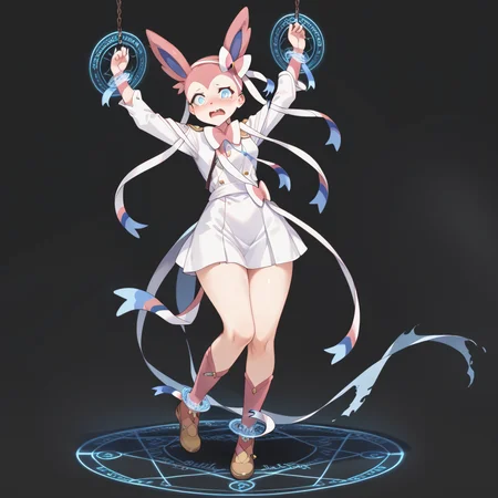 score_9, score_8_up, score_7_up, best quality, masterpiece, source_anime,  BREAK, scared, blush, arm up.  1girl, <lora:restrained_magic_circle:1>magic circle, restrained, full body, Sylveon_\(Pokemon\),