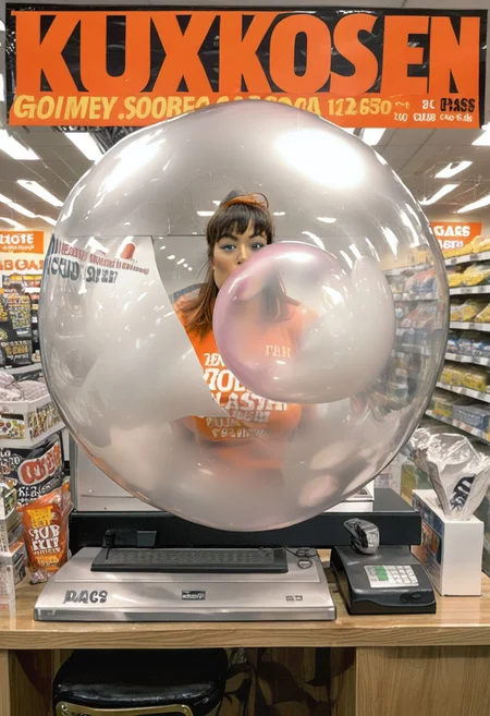sn3yd_style, VintageMagStyle, A pulp magazine cover, 1woman, solo, 2000's, facing left shot, Ikea warehouse, hyper muscles, large growing Japanese woman nyotengu with long bright ginger and cerise hair behind cash register wearing store clerk clothing, behind the cash register (blowing largest biggest enormous gigantic transparent bubblegum bubble) in front of her face the size of the room with pleased look on her face as she's showing off her bubblegum blowing skills with a gigantic bubble in the background filling the store