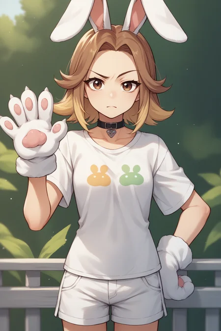 score_9, score_8_up, 1girl, solo, source_anime,  <lora:zs_YumiXL:1>: yumiif, choker, multicolored hair, blonde hair, brown hair, rabbit ears, floppy ears, white paw gloves, rabbit tail, white shorts, white t-shirt, looking at the viewer, waving, raised eyebrow