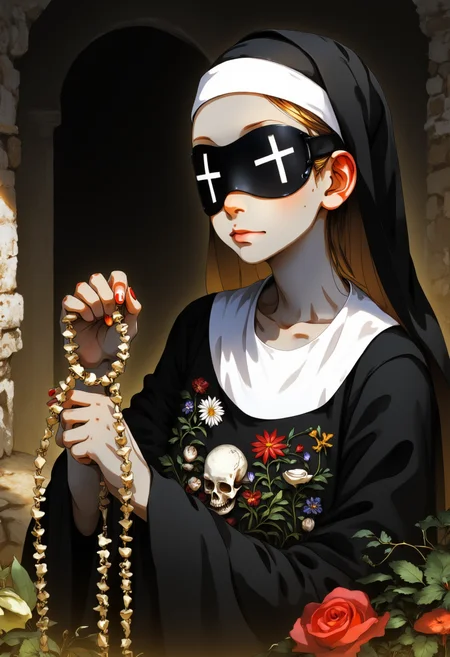 a nun, a young, thin, sickly woman, wearing gray makeup and a black blindfold. Her religious clothing is decorated with embroidered skulls and dead flowers. on the blindfold, two white crosses where the eyes should be. a crypt in the background, indirect lighting, low angle view, red and yellow tones. The nun is telling a rosary of bones. in the style of religious paintings, anime style, digital illustration <lora:hamu:1.51>