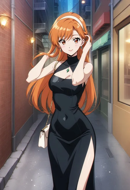 score_9, score_8_up, score_7_up, score_6_up, source_anime.
BREAK 1girl, solo
BREAK orange hair, orange eyes, long hair, swept bangs, half-updo, Dongtan dress, black dress, glamorous, glitter, hair flip, handbag, hairband, smile, blush, outdoors, city, sidewalk, street, retro artstyle
