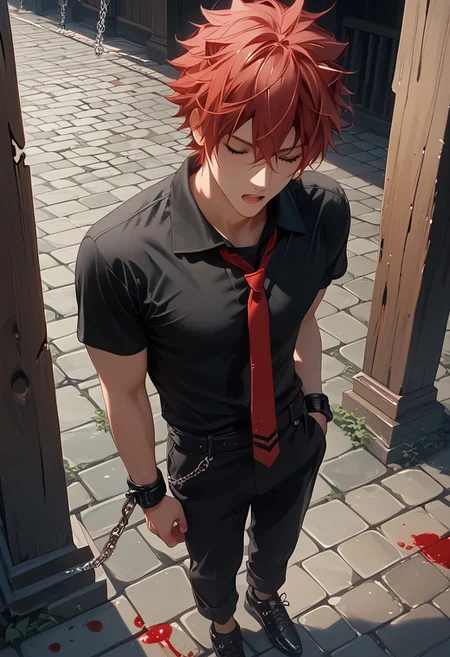 score_9, score_8_up, score_7_up, (high quality:1.2), wallpaper, absurdres, (very detailed:1.2), Expressiveh, realistic, side angle view,
1man, solo, male focus, 18 years old, full body, red hair, hair between eyes, perfect face, muscular boy, thick thigh, 
((black shirt, red necktie, black pants, black shoes)), moaning, bound on pole, Cuffs on Ankles and Wrists, standing, 
night, Medieval prison, chains, blood, 
submissive, <lora:Expressive_H:1>, <lora:OverallDetailXL:0.8> OverallDetailXL, RBW-XL, zPDXL2