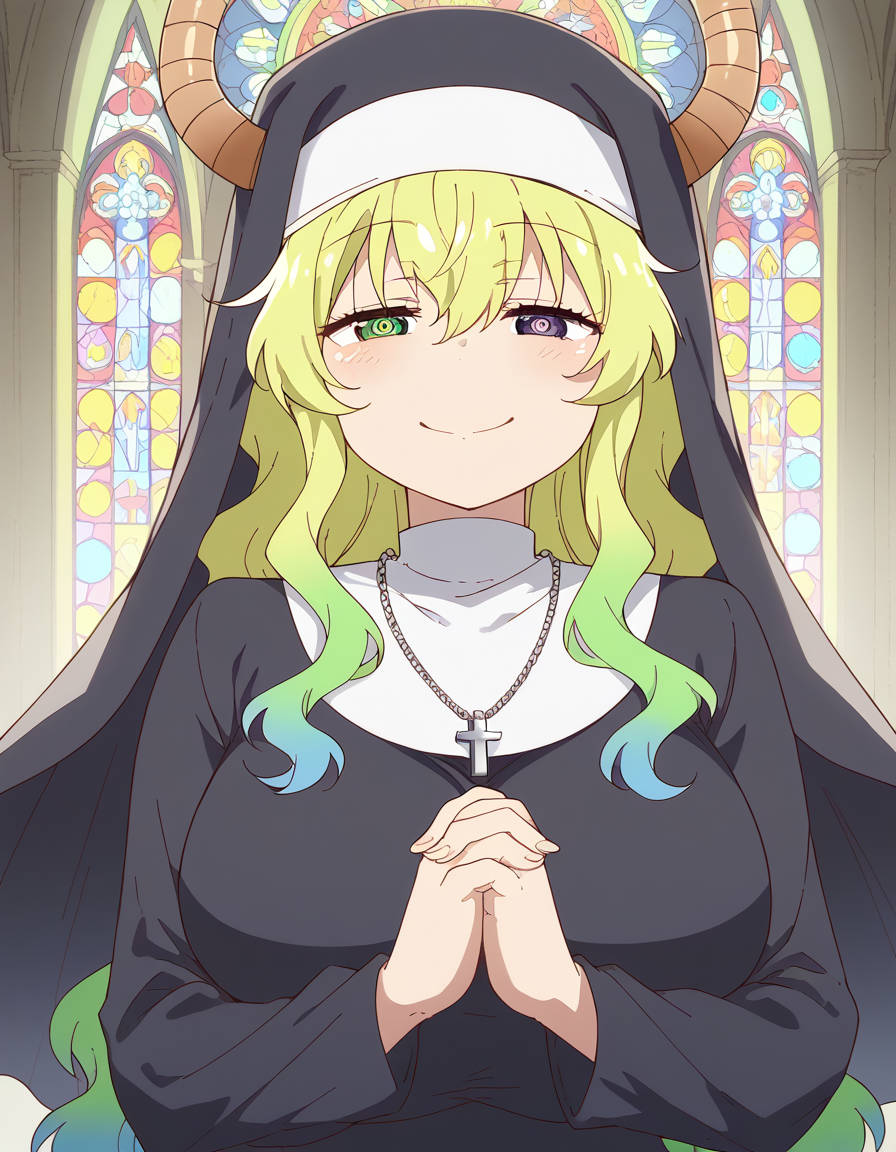score_9, score_8_up, score_7_up, source_anime, <lora:dragon-lucoa-s2-ponyxl-lora-nochekaiser:1>, lucoa, blonde hair, blue hair, dragon girl, gradient hair, green hair, hair between eyes, horns, huge breasts, multicolored hair, green eyes, purple eyes, yellow pupils, heterochromia,, <lora:traditional-nun-ponyxl-lora-nochekaiser:1>, traditional nun, nun, habit, long sleeves, dress, black dress, jewelry, black veil, cross, cross necklace,, church, smug, praying,, cowboy shot