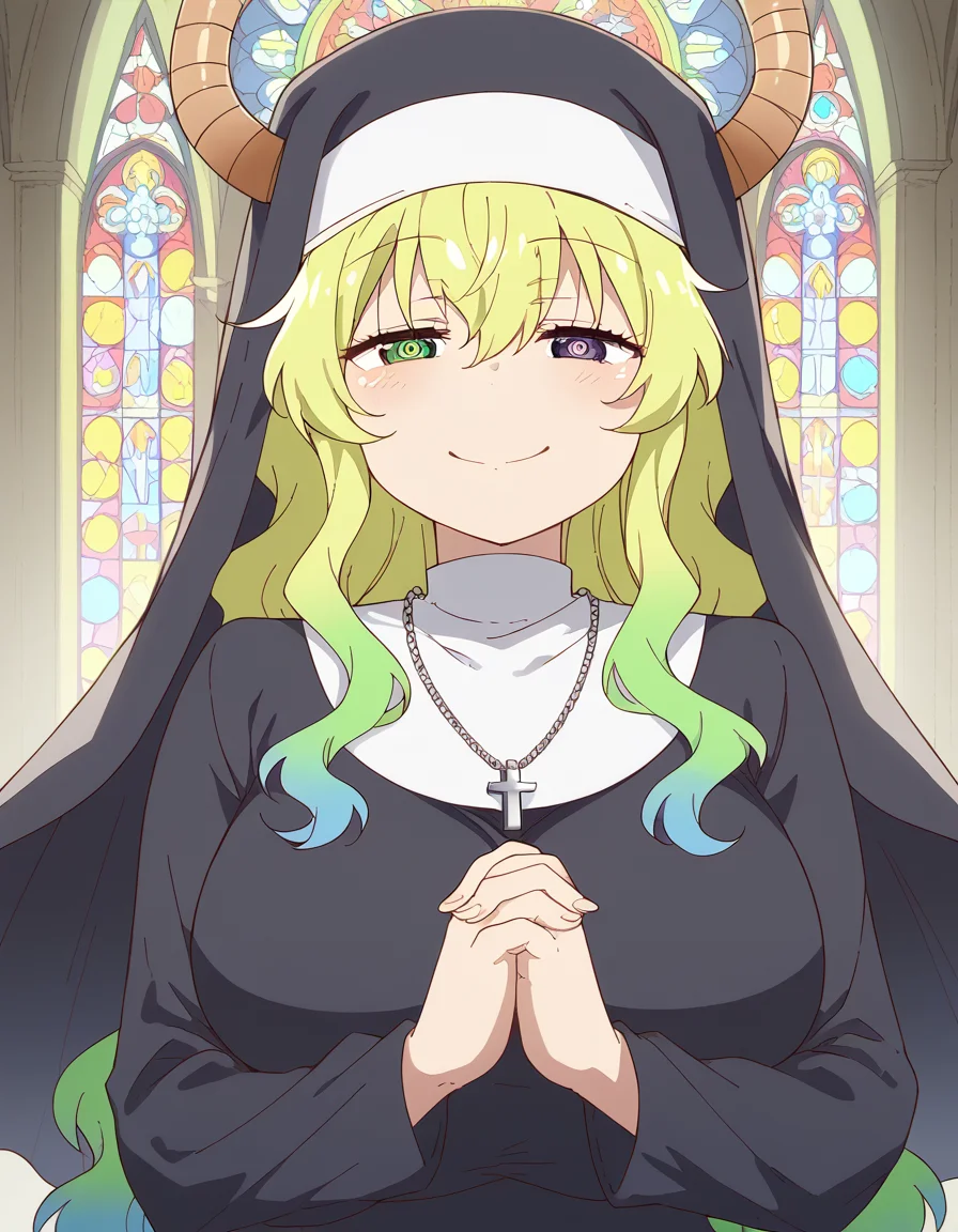 score_9, score_8_up, score_7_up, source_anime, <lora:dragon-lucoa-s2-ponyxl-lora-nochekaiser:1>, lucoa, blonde hair, blue hair, dragon girl, gradient hair, green hair, hair between eyes, horns, huge breasts, multicolored hair, green eyes, purple eyes, yellow pupils, heterochromia,, <lora:traditional-nun-ponyxl-lora-nochekaiser:1>, traditional nun, nun, habit, long sleeves, dress, black dress, jewelry, black veil, cross, cross necklace,, church, smug, praying,, cowboy shot