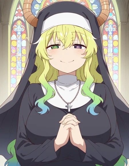 score_9, score_8_up, score_7_up, source_anime, <lora:dragon-lucoa-s2-ponyxl-lora-nochekaiser:1>, lucoa, blonde hair, blue hair, dragon girl, gradient hair, green hair, hair between eyes, horns, huge breasts, multicolored hair, green eyes, purple eyes, yellow pupils, heterochromia,, <lora:traditional-nun-ponyxl-lora-nochekaiser:1>, traditional nun, nun, habit, long sleeves, dress, black dress, jewelry, black veil, cross, cross necklace,, church, smug, praying,, cowboy shot
