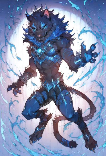 score_9, score_8_up, score_7_up, score_6_up, score_5_up, furry, anthro, claws, black fur, blue fur details, floating, cat, black and blue spikes coming out of the back, King of Extinction Phono, solo, perfect hands, ((4 fingers)),1 tail