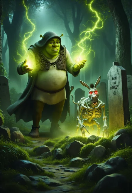 Shrek, dressed as a necromancer in a dark, tattered hooded robe, stands in a misty, overgrown cemetery. He is using green necromantic energies to raise Donkey from a grave. A tombstone reads "Here lies Donkey". 4k