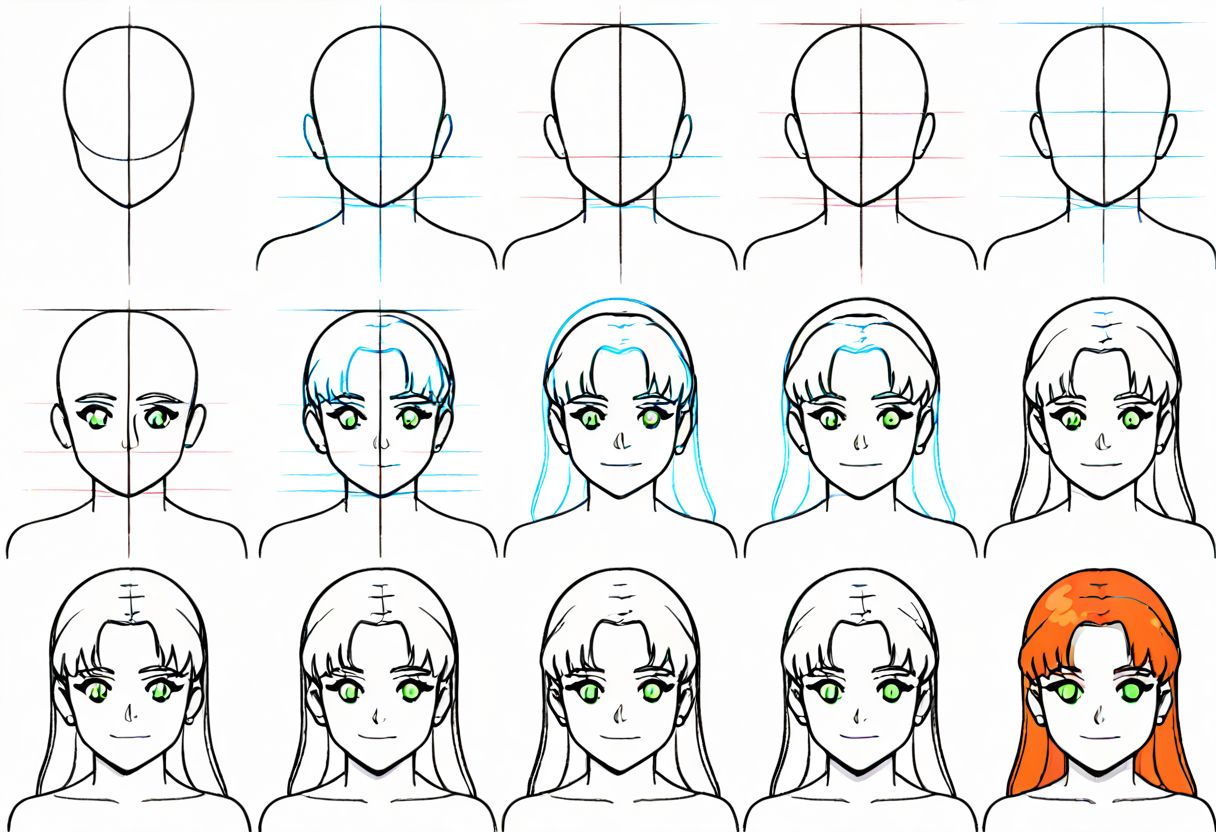 score_9, "drawing of Starfire in 12 steps", "sketch tutorial " , "step by step guide". colored final touch