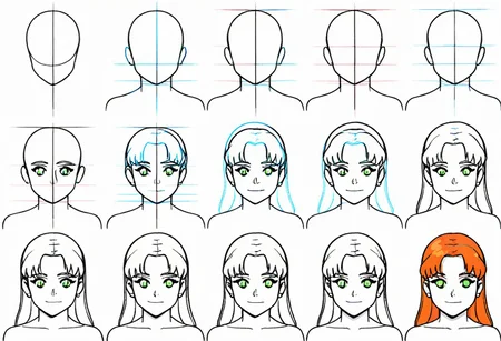 score_9, "drawing of Starfire in 12 steps", "sketch tutorial " , "step by step guide". colored final touch
