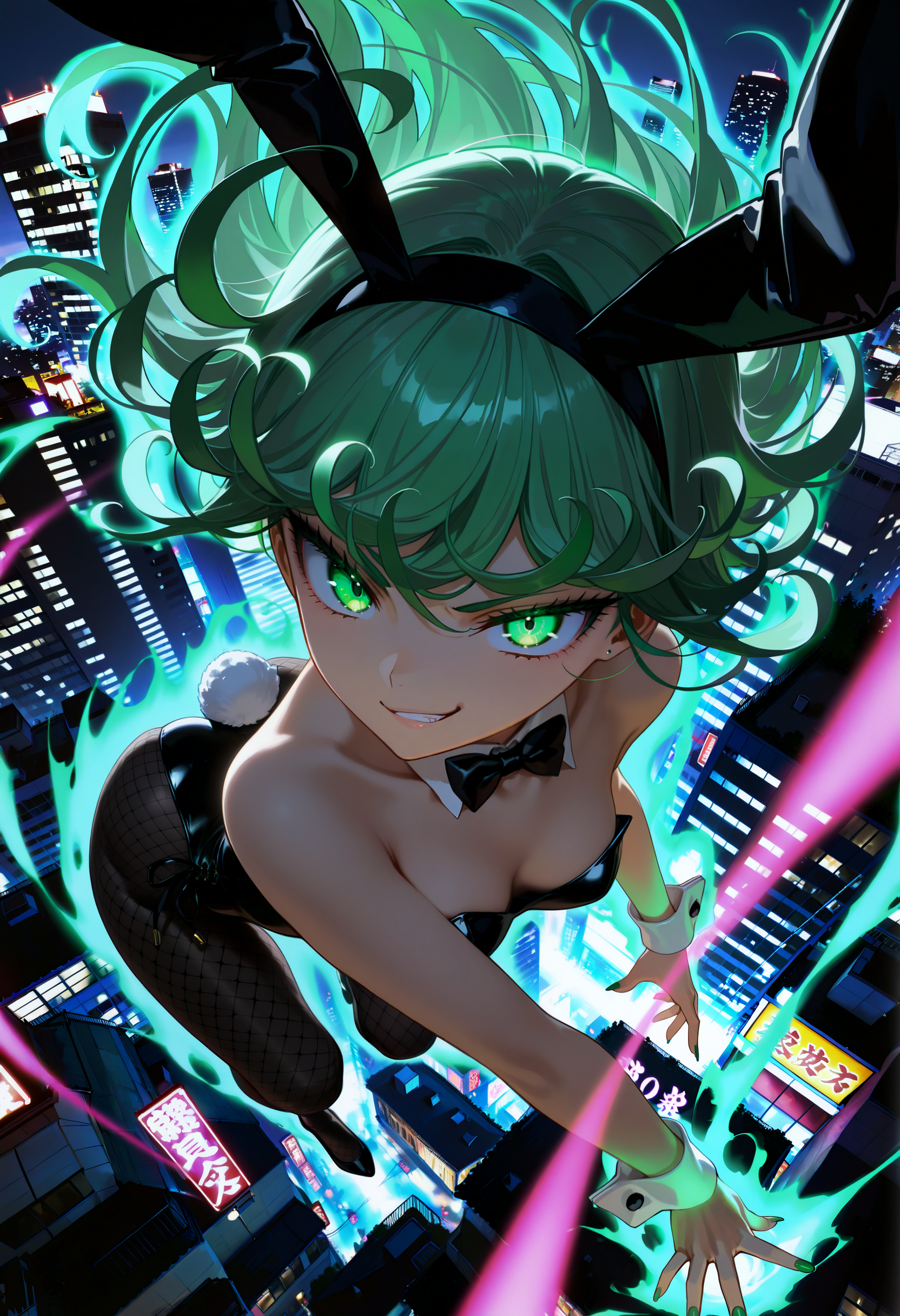 masterpiece,  tatsumaki, solo, alternate costume, green fingernails, floating hair, playboy bunny, black leotard, black fishnet pantyhose, fake rabbit ears, rabbit tail, glowing eyes, smirk, levitation, midair, telekinesis, glowing, green aura, action pose, dynamic pose, from above, full-length portrait, high-angle view, outdoors, city, detailed, detailed background, detailed foreground, detailed clothing, detailed hair, detailed eyes, detailed skin, skin folds, volumetric lighting, dramatic lighting, dutch angle, dynamic, cinematic, photo background, dark,