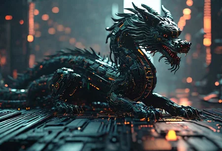 circuitboard chinese dragon, ((focus)), dark futuristic, cyberpunk