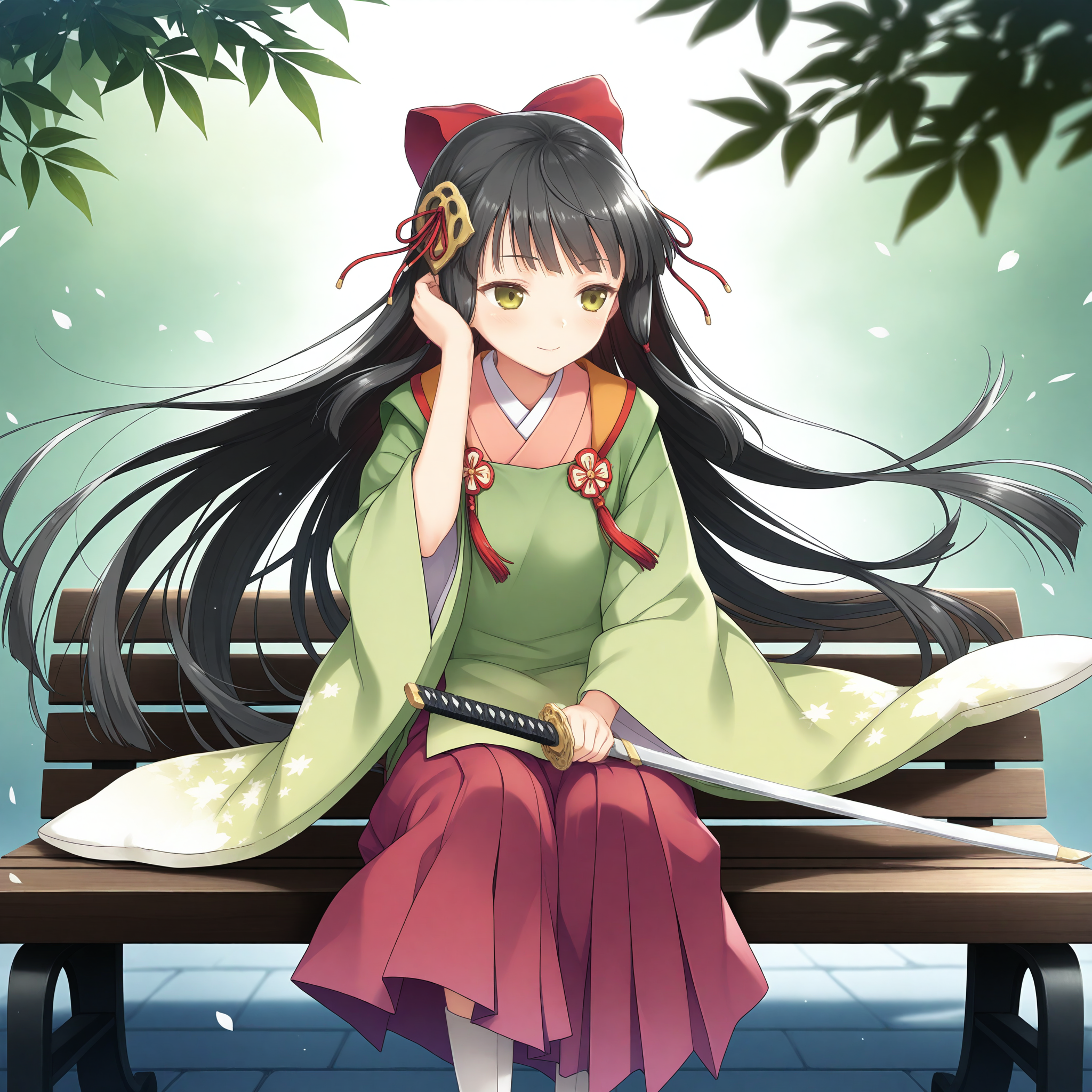 <lora:Hinamori_Saya_1_nai-000041:1>,Hinamori Saya,hair ribbon,hair ornament,sidelocks,
japanese clothes,hair bow,wide sleeves,hakama skirt,red bow,long sleeves,green kimono,tabi,red skirt,white socks,
1girl,solo,sitting,on bench,front view,wind,falling petals,leaf,hand in own hair,floating hair,depth of field,lens_flare,smile,looking_to_the_side,looking_away,holding sword,