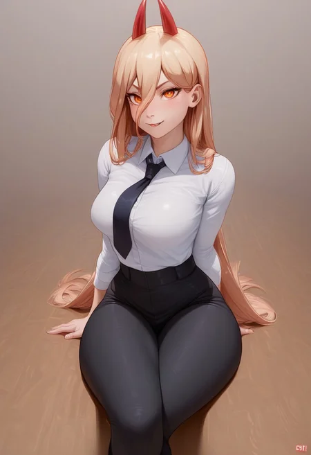 score_9,score_8_up,score_7_up, source_anime, 2.5D, Expressiveh, 1girl, whole face visible, whole body visible,
BREAK,
Power (Chainsaw Man), freckles, yellow eyes, cross-shaped pupils, blonde hair, long hair, red horns
BREAK,
collared shirt, white shirt, black necktie, (black pants), 
BREAK,
shiny skin, perfect ass, small ass, medium breasts, perfect breasts, slender figure, short, small waist, 
BREAK,
girl looking at viewer, extremely horny, sitting, legs crossed