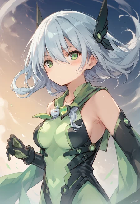 <lora:SDXL_Saki_Inui:0.85>, <lora:SDXL_HandFineTuning_XL:0.9>, <lora:SDXL_add-detail-xl:0.2>, score_9, score_8_up, score_7_up, highest quality, beautiful, 1girl, green eyes, white hair, hair ornament, looking at viewer, blush, green bodysuit, gloves, flying, expressionless