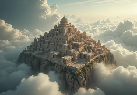 the most realistic, photorealistic photo ever taken [(an ancient mythological city:1.5) in the clouds,a dream world shifting landscapes,  Captured with a Hasselblad X2D 100C and an 80mm f/1.9 lens, hyper-realistic textures, soft studio lighting, elegant shadows, incredible realism,  ultra-detailed textures, perfect lighting],