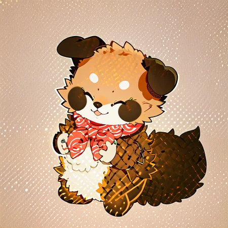 sushidog, closed eyes, zuppu11, furry, zPDXL3, solo, ribbon, bow, bandana, large fluffy tail, folded ears, cute