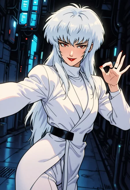 MerillYanagawaCCO, 1boy, solo, androgynous, albino, white hair, very long hair, thick hair, bangs, red eyes, eyelashes, nose, lips, red lipstick, makeup, white formal suit, white jacket, long sleeves, white turtleneck, black belt, white pants, white shoes, high heels, red nails, red stud earrings, ring,
,seductive pose, sexy pose, tease,
masterpiece, best quality, ultra-detailed, very aesthetic, detailed background, very aesthetic, newest, scenery, highres, 4k, absurdres, 8k, colorful,vibrant, glowing, perfect face, 2d, perfect eyes, detailed eyes,
masterpiece, best quality, ultra-detailed, very aesthetic, newest, scenery, absurdres, perfect anatomy, , perfect face, perfect eyes, mature body, clear eyes, beautiful eyes, athletic, curvy body, athletic. pinup pose, teasing, lustful expression,
, dutch angle,
naughty smile,
expressive cute face, male focus, selfie pose,
,detailed eyes,Smooth Negative, highres, absurdres, retro_artstyle, retro, cyberpunk