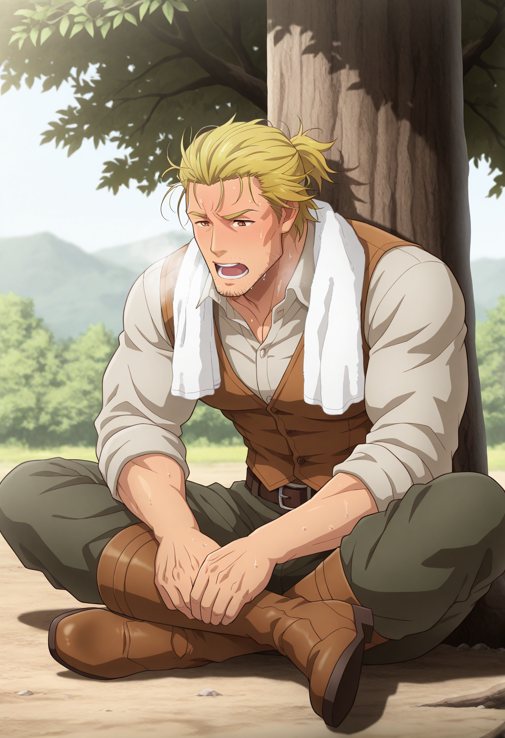 <lora:The_builder_from_the_anime_The_Unaware_Atelier_Master:0.6>, T_U_A_M, yellow hair, stubble, amber eyes, disheveled hair, hair combed back, long hair, short ponytail, Male, Adult, Mature, Manly,  detailed face, detailed body, detailed eyes, perfect hands, perfect foot, perfect anatomy, masterpiece, best quality, amazing quality, k0n0hanaya, <lora:-Konohanaya-000017:0.4>, <lora:cfg_scale_boost:0.2>, <lora:add-detail-xl:0.2>, <lora:NAI_QualityV1.1:0.2>, abstract background, multicolored background, <lora:ChamIllustriousBackgroundEnhancer:0.2>,
wide-collared shirt, vest, belt, pants, scarf, brown leather boots, solo, dinamic angle, resting, sitting on the ground, Indian style, under the shade of a tree, towel around neck, exhausted, (panting, out of breath, gasping for air, sweating), volumetric lighting, cinematic, very awa, masterpiece, best quality, absurdres, newest, perfect quality, detailed background, intricate details