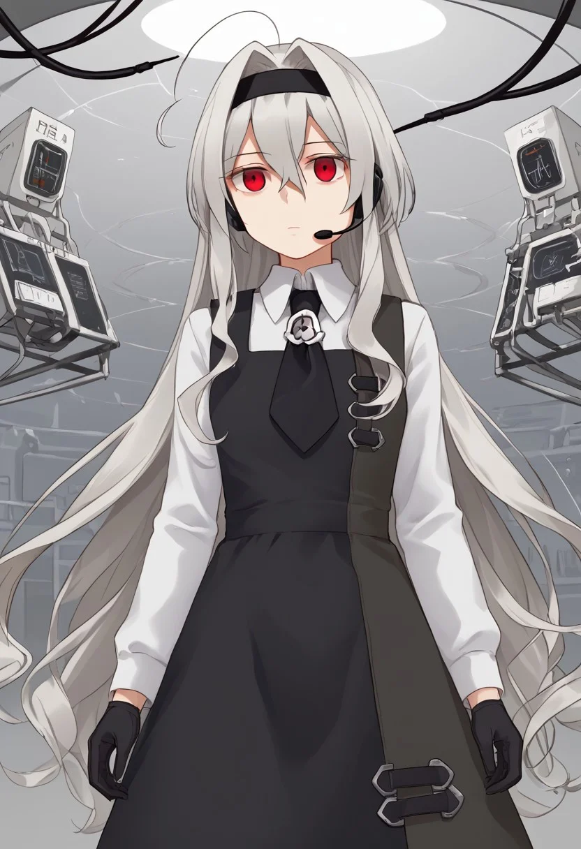 1girl, solo, Eve.aic, long hair, red eyes, hairband, ahoge, very long hair, bangs, hair intakes, hair between eyes, white hair, black hairband, headset, grey hair,
shirt, white shirt, long sleeves, gloves, collared shirt, black gloves, dress, necktie, black dress, pinafore dress, badge,
laboratory, cable, expressionless