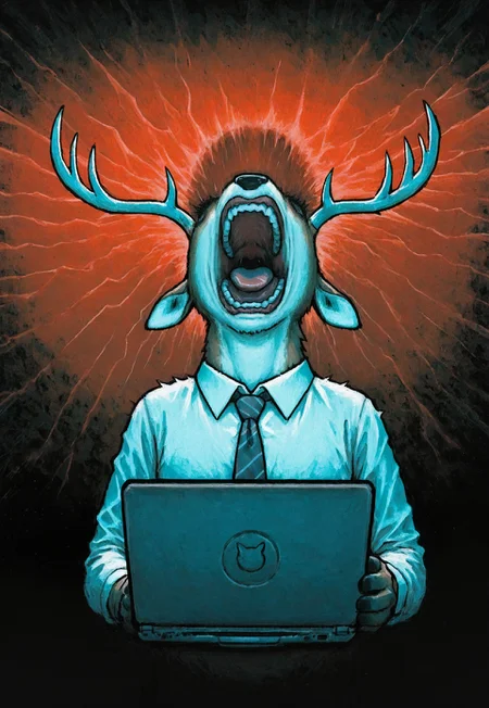 solo, lukch, painting_\(medium\), no humans, deer, head back, holding laptop, (screaming:1.2), antlers, collared shirt, necktie, (horror:0.1), jaggy lines,
traditional media, best quality, absurdres, [dynamic pose]