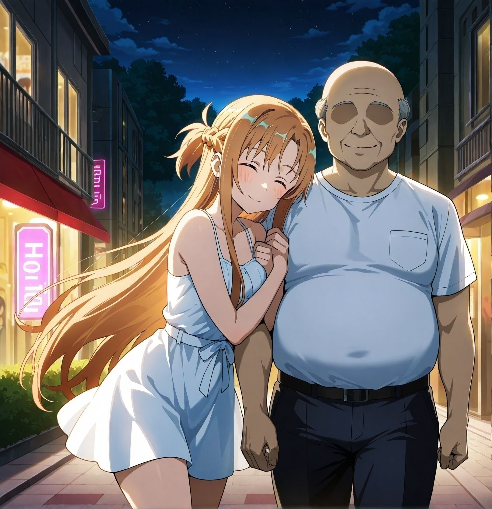 <lora:add-detail-xl:0.5>,,masterpiece, best quality, newest, absurdres, highres, detailed eyes, beautiful, detailed background, perfect eyes, anime coloring, anime screencap,
<lora:sugar_dating:1>sugar_datingV1,
girl hooks her arm around the boy’s arm,night, walking,
1girl, 1boy, hetero,  light smile, facing viewer,  
outdoors, love hotel, street,sexually suggestive,
head lying on shoulders, A street lined with love hotels,
sundress, white shirt, miniskirt, 
asuna \(sao\), 
sword art online, 
(fatman,ugly man),old man,bald,faceless male, 
official style, 
20YO, milf,adult couple,