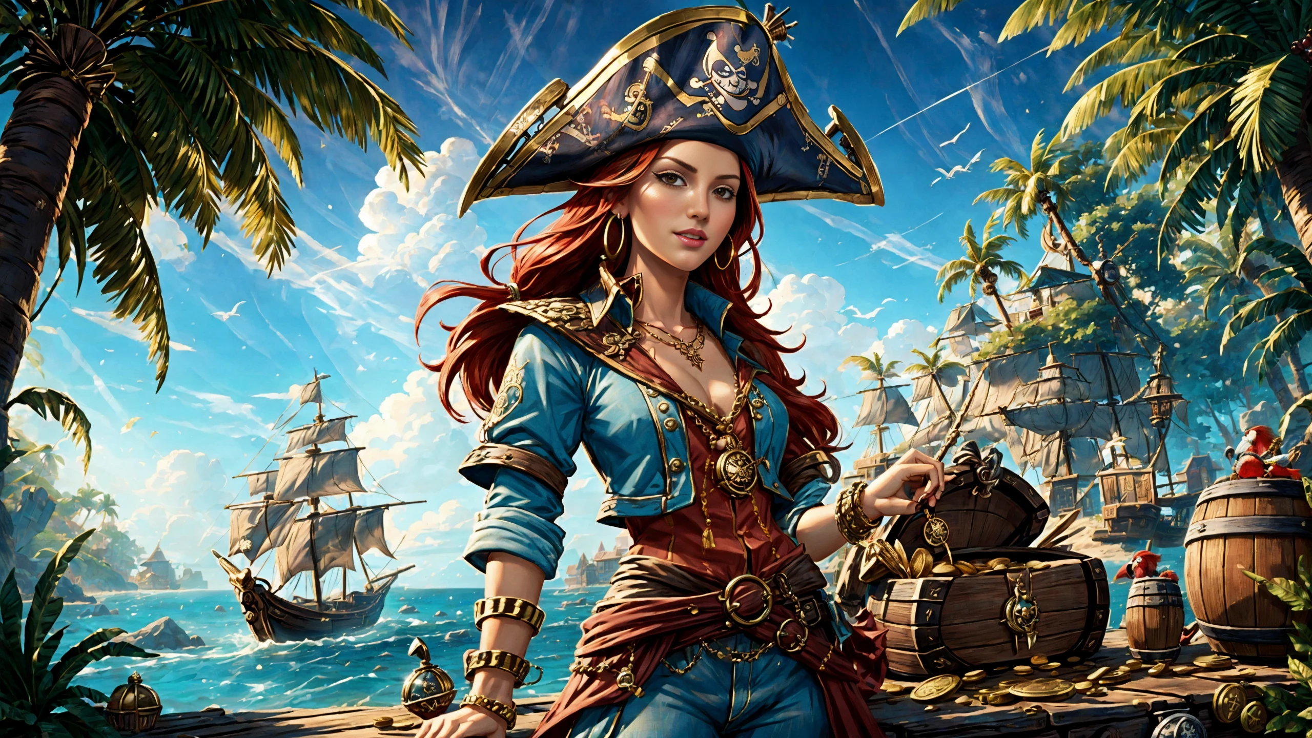 (young redhead pirate woman), (portrait), (parrot:1.2), sharp focus, (ultradetailed), (standing), (happy) smile, pirate (ship galleon:1.2,  hoop earrings, gold medallion, Chambray Bluepirate clothes, pirate hat, hips,   pirate (village), leafy beach coast, (treasure chest with coins, gems and jewels:1.2), (rum barrel), best quality masterpiece,  bright sunny sky, backlight, natural lights, high contrast, hdr, shadows, pretty, beautiful, feminine, sexy, adorable, lovely, in love, (PirateDiffusionprt:0.5),  <lora:Pirate:0.3>  PrateT  <lora:PirateRealms:0.3> <lora:Detail Tweaker LoRA add_detail:0.8> <lora:depth_of_field_slider_v1:5> <lora:SDXLrender_v2.0:0.9>