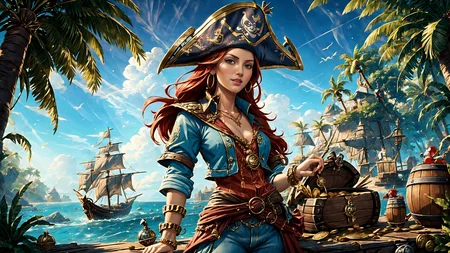 (young redhead pirate woman), (portrait), (parrot:1.2), sharp focus, (ultradetailed), (standing), (happy) smile, pirate (ship galleon:1.2, hoop earrings, gold medallion, Chambray Bluepirate clothes, pirate hat, hips, pirate (village), leafy beach coast, (treasure chest with coins, gems and jewels:1.2), (rum barrel), best quality masterpiece, bright sunny sky, backlight, natural lights, high contrast, hdr, shadows, pretty, beautiful, feminine, sexy, adorable, lovely, in love, (PirateDiffusionprt:0.5), <lora:Pirate:0.3> PrateT <lora:PirateRealms:0.3> <lora:Detail Tweaker LoRA add_detail:0.8> <lora:depth_of_field_slider_v1:5> <lora:SDXLrender_v2.0:0.9>
