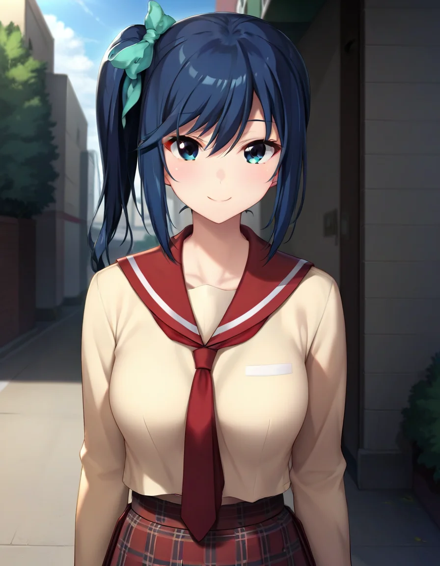 score_9,score_8_up,score_7_up,score_6_up BREAK official art,solo,outdoors,upper body,(portrait:1.5),looking at viewer,facing viewer,smile,blush,Takasaki Miho,long hair,blue hair,side ponytail,hair ribbon,hair bow,aqua bow,sidelocks,hair between eyes,bangs,blue eyes,school uniform,red sailor collar,yellow shirt,red necktie,long sleeves,medium breasts,red skirt,plaid skirt,pleated skirt,zettai ryouiki,black thighhighs,loafers,black footwear,<lora:Takasaki Miho(oin)-Pony:1.3>,
