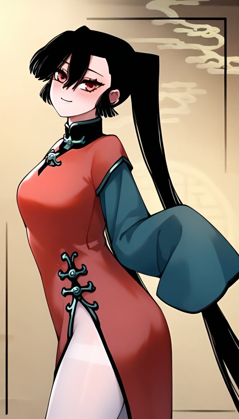 <lora:hudasheng:1>,hudasheng,1girl,long hair,red eyes,solo,long hair,black hair,hair between eyes,ponytail,pigtails,white_pantyhose,china_dress,red china_dress,long sleeves,green long sleeves,
standing,looking at viewer,smile,blush,light_blush,full_shot,from_side,, masterpiece,best quality,amazing quality,