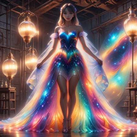 A beautiful young woman in a gorgeous gown, hourglass figure, beautiful eyes, detailed face, cute girl, ral-oilspill, bioluminescent dress, full body, head-to-toe, full frame,