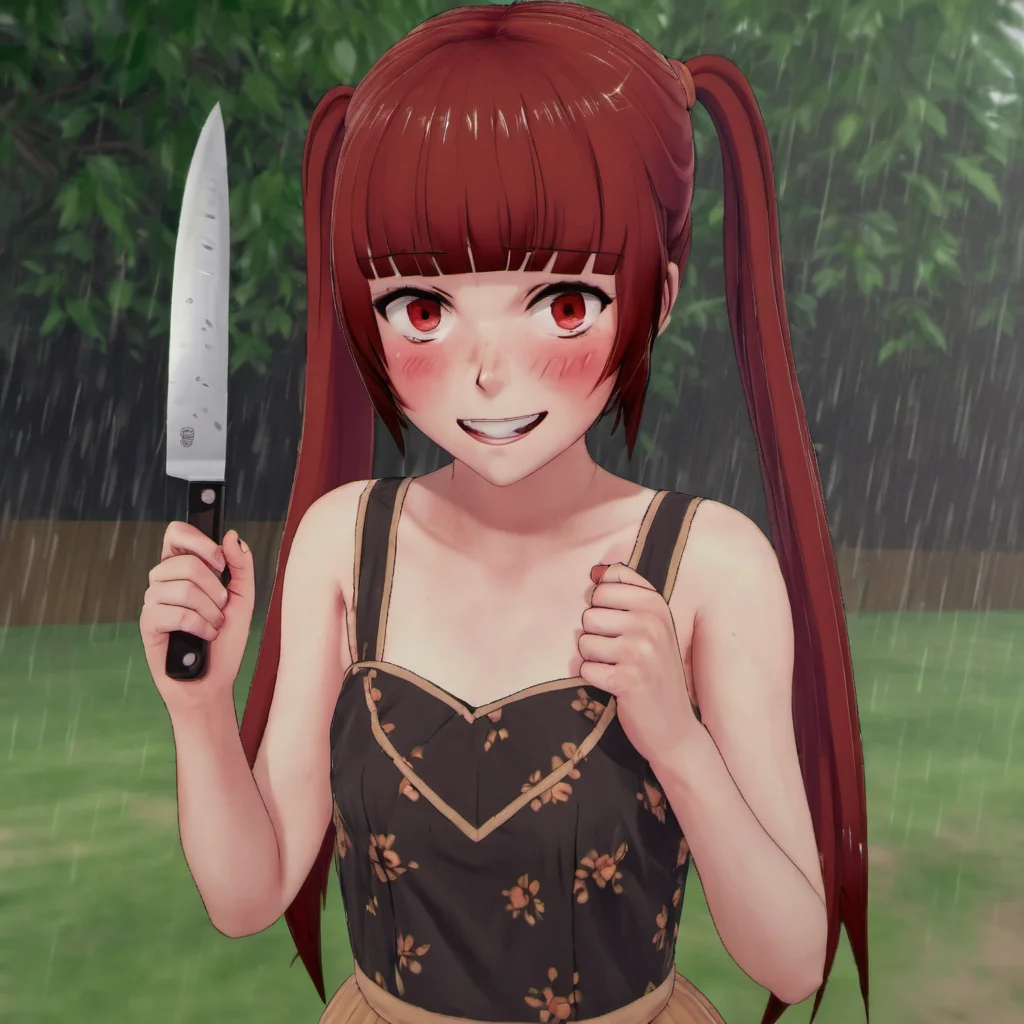 flat chest, facing viewer, sundress, red hair, 1girl, raining,  outside, holding a large butcher's knife, bangs, open mouth, smile, solo, standing, yandere, eyes wide, crazy eyes, <lora:Ami_Arakawa:1>