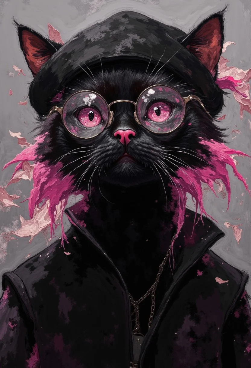 oil painting of a black cat with pink hair wearing a black beanie and (wearing round glasses:1.2) and wearing a black turtleneck. visible brushstrokes, atmospheric haze, low key, moody lighting,watercolors,DB4RZ, DB4RZ style painting