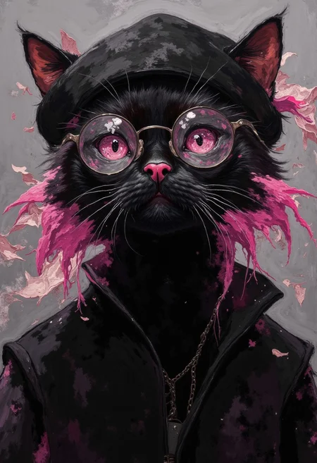 oil painting of a  black cat with pink hair wearing a black beanie and (wearing round glasses:1.2) and wearing a black turtleneck. visible brushstrokes, atmospheric haze, low key, moody lighting,watercolors,DB4RZ, DB4RZ style painting