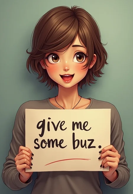 very cute short hair woman holding a sign "give me some buzz ", realistic