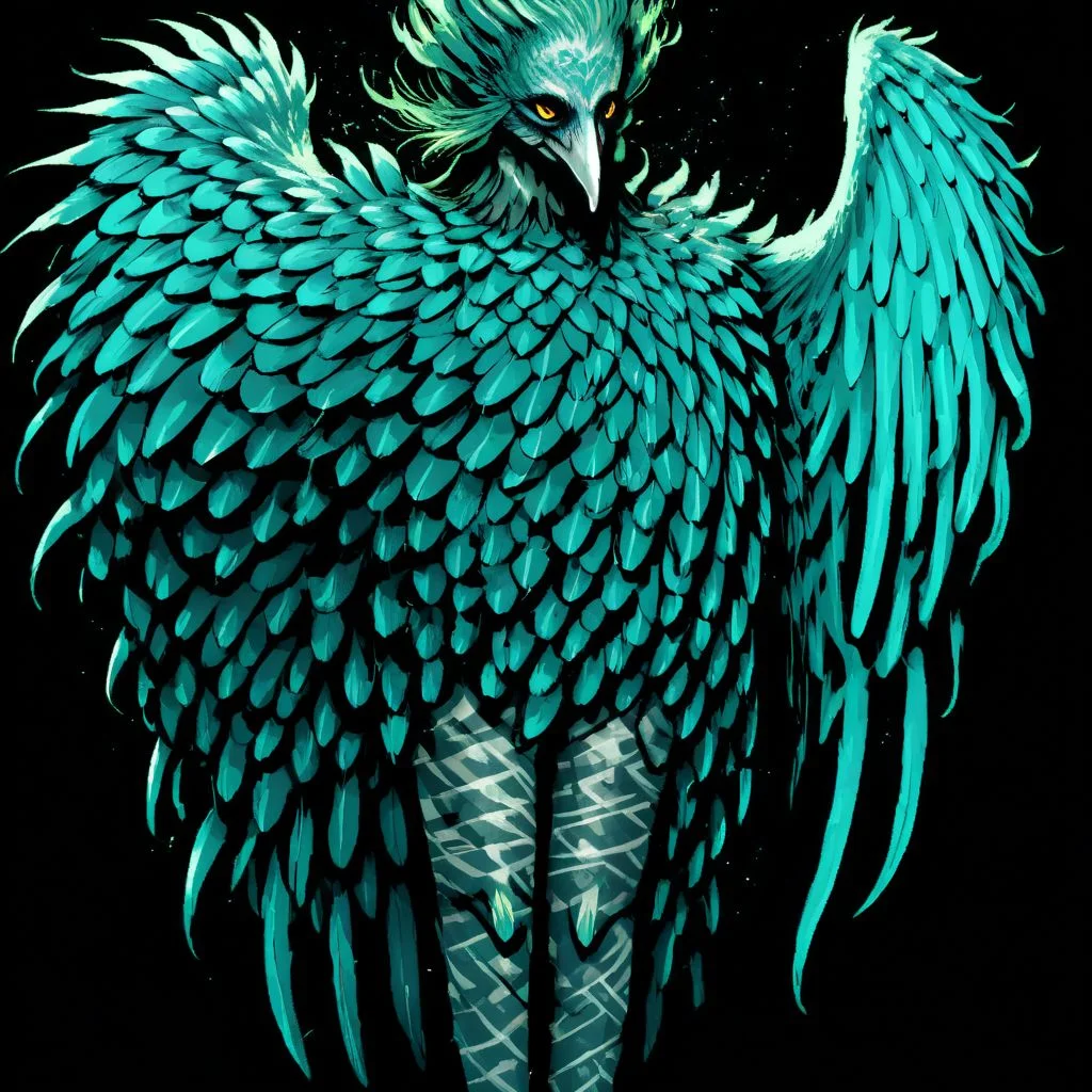 wizardry, illustration, beautiful Female monster, Humanoid Creature, feathers, long bird leg talons, black background, tattoos, holding a spear, mythical, mint turquoise color palette, Harpy
