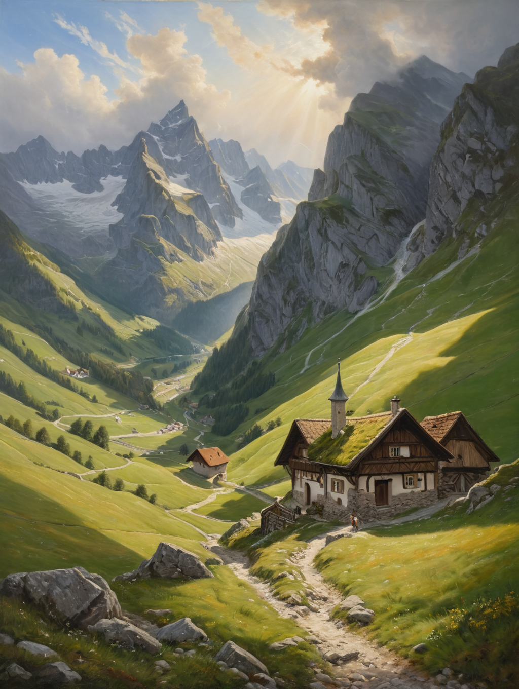 Oil Painting, in the Middle Ages , path over a steep mountain pass as the sun slowly rises over the peaks, mystical, stormy, masterpiece, high detail, 8k, intricate, detailed, high resolution, high res, ultra high quality, <lora:add-detail-xl:1.8>