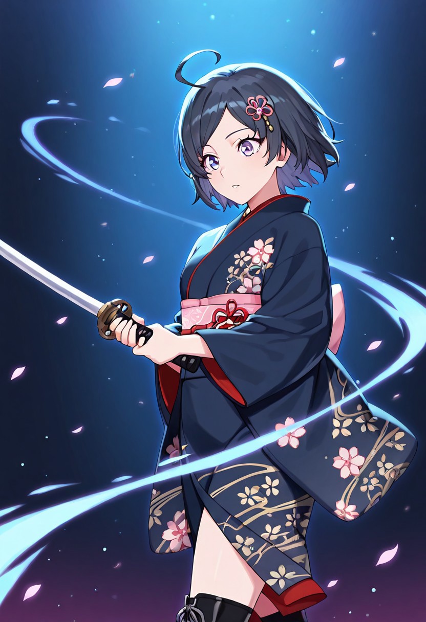 <lora:YahariOreNoSeishunLoveComedy_HikigayaKomachi_IlluXL:0.9>, Hikigaya Komach, anime_girl black_hair_with_pink_highlights Purple_eyes cheery_expression floral_hair_ornament_with_pink_flower traditional_kimono_with_cherry_blossom_pattern dark_blue_kimono_with_pink_and_white_flowers intricate_kimono_design_with_gold_accents holding_katana_with_both_hands glowing_katana_with_energy_trail dynamic_action_pose cherry_blossom_petals_floating_in_air vibrant_neon_pink_and_cyan_color_scheme dramatic_lighting_with_glowing_effects energy_aura_with_sparkling_particles black_lace-up_boots_with_shiny_finish detailed_background_with_splashes_of_pink_and_blue fantasy_warrior_theme strong_female_character ethereal_and_mystical_atmosphere high_contrast_art_style anime_illustration_with_digital_painting