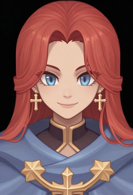 (Black background) <lora:afkArenaIllustrious:1>
afkArenaStyle, 1girl, female, solo, portrait, female focus, red hair, blue eyes, long hair, light skin, smile, looking at viewer, beautiful, blue cloak with gold trimming, cross earrings
Ragnarok online character
ROSPRITE