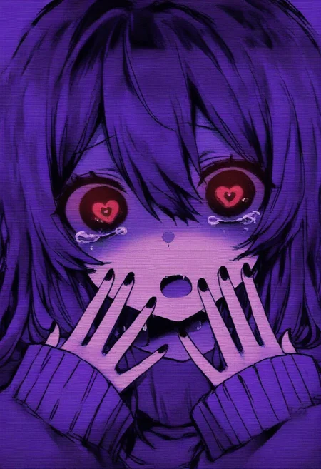 GLTST, Glitch, , 1girl, solo, symbol-shaped pupils, heart, heart-shaped pupils, red eyes, open mouth, black nails, sleeves past wrists, purple theme, sweater, tears, nail polish, long hair