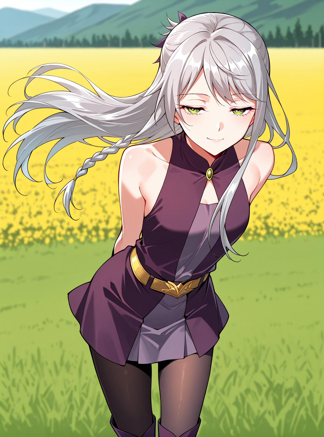 <lora:Ye_Liuli__I_am_the_Fated_Villain__Illustrious:1>
1 girl, solo, gray hair, loose hair, long hair, small braid, green eyes, small breasts
purple dress, short skirt, black tights, purple boots, sleeveless dress, bare shoulders, gold belt
score_9, score_8_up, score_7_up, very aesthetic, source_anime, detailed, high quality, beautiful, masterpiece, detailed eyes, field, blurry background, pose dynamic angle, upper body, cowboy shot, light smile, floating hair, half-closed eyes, hands behind back, leaning forward, looking forward, looking at viewer