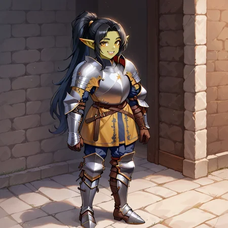1girl, black hair, ponytail, sharp teeth, enormous lips, medieval armor, closeup, goblin woman, green skin, medieval clothes, large smile, (boisterous smile, mischievous smile), Expressiveh, yellow eyes, very muscular, pointed ears, female goblin, Goblin, solo, long hair, gremlin energy, very short woman, mega ponytail, fully clothed, short stature, shortstack, ((armored boots, boots, shoulder armor, armor, pants, greaves, gloves, long sleeves)), broad shoulders, huge arms, Knight