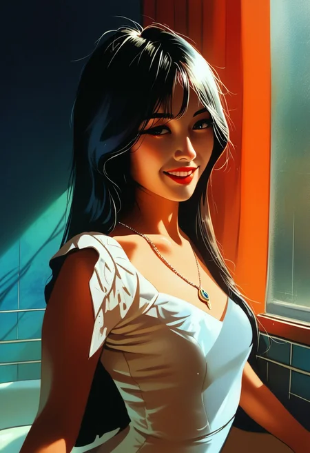 score_9, score_8_up, score_7_up, score_6_up, source_cartoon, 1girl, female, solo, femenine, petite, lean, pale skin,, soaking wet hair, smile, diaphonous white dress, bronze necklace, medium breasts, female focus, official style, close up, perfect anatomy, perfect face, standing,  abstract beauty, beautiful, centered, looking at the camera, approaching perfection, dynamic, moonlight, highly detailed, watercolor painting, artstation, concept art, smooth, sharp focus, illustration, portrait