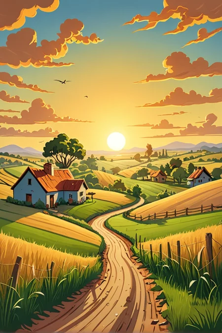 (Absurd Caricature), A serene scene of a sunrise over a rural landscape, symbolizing new beginnings.