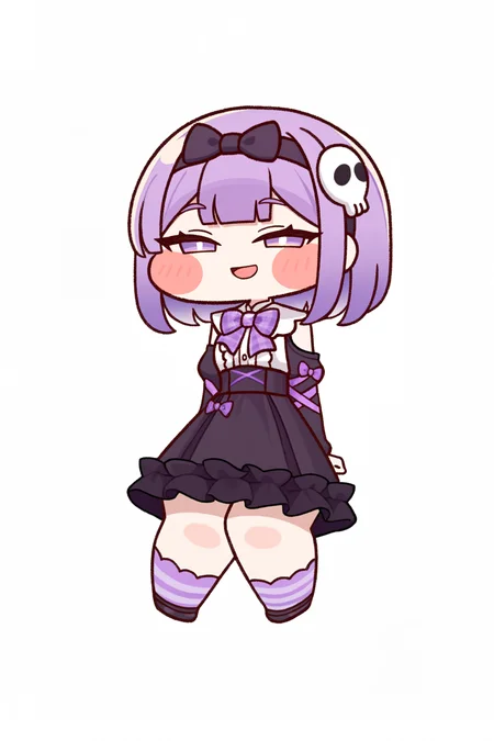(trickcalcg), (chibi, chibi only:1.3), blush, blush stickers, 
1girl, solo, looking at viewer, blush, smile, open mouth, short hair, simple background, shirt, skirt, long sleeves, hair ornament, white background, dress, bow, sitting, purple eyes, full body, purple hair, :d, hair bow, frills, hairband, detached sleeves, socks, virtual youtuber, puffy sleeves, medium hair, bowtie, black skirt, blunt bangs, striped clothes, chibi, black bow, blush stickers, half-closed eyes, transparent background, black hairband, frilled skirt, crescent, purple bow, high-waist skirt, purple bowtie, bow hairband, skull hair ornament, plaid bow, striped socks, purple socks, alice \(trickcal\), 
(masterpiece, best quality, absurdres, highres, newest, very awa:1.2), 