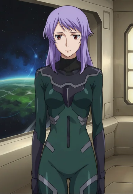 score_9,score_8_up,score_7_up,score_6_up,score_5_up,score_4_up,anime coloring BREAK source_anime,anime,<lora:Anew_Returner_Gundam_00_Pony:0.7>,anew,1girl,solo,red eyes,purple hair,long hair,pilot suit,sad,standing,indoors,window,space,