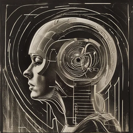 monochrome, solo, profile, female focus, realistic, traditional media, greyscale, portrait, science fiction, from side, helmet, ArsMJStyle, ArtDecoVintageFuture <lora:ArsMJStyle_-_Vintage_Future:1>