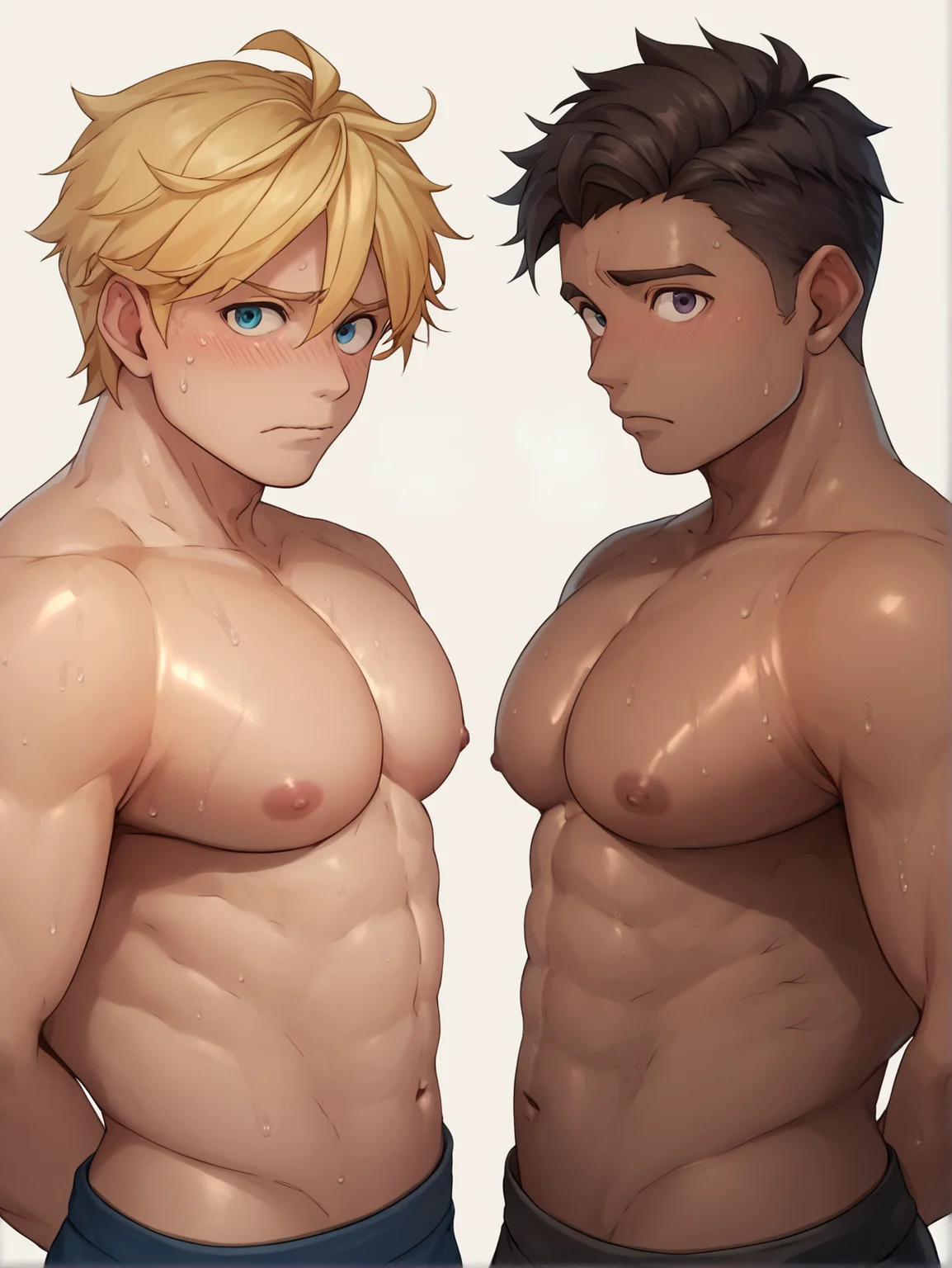<lora:koyama01rw:1> 2boys, side view, pectoral docking, touching pectorals, topless male, embarrassed, large pectorals, looking at you, sweat, big pecs, interracial, arms behind back, score_9, score_8_up, score_7_up, score_6_up, score_5_up, score_4_up